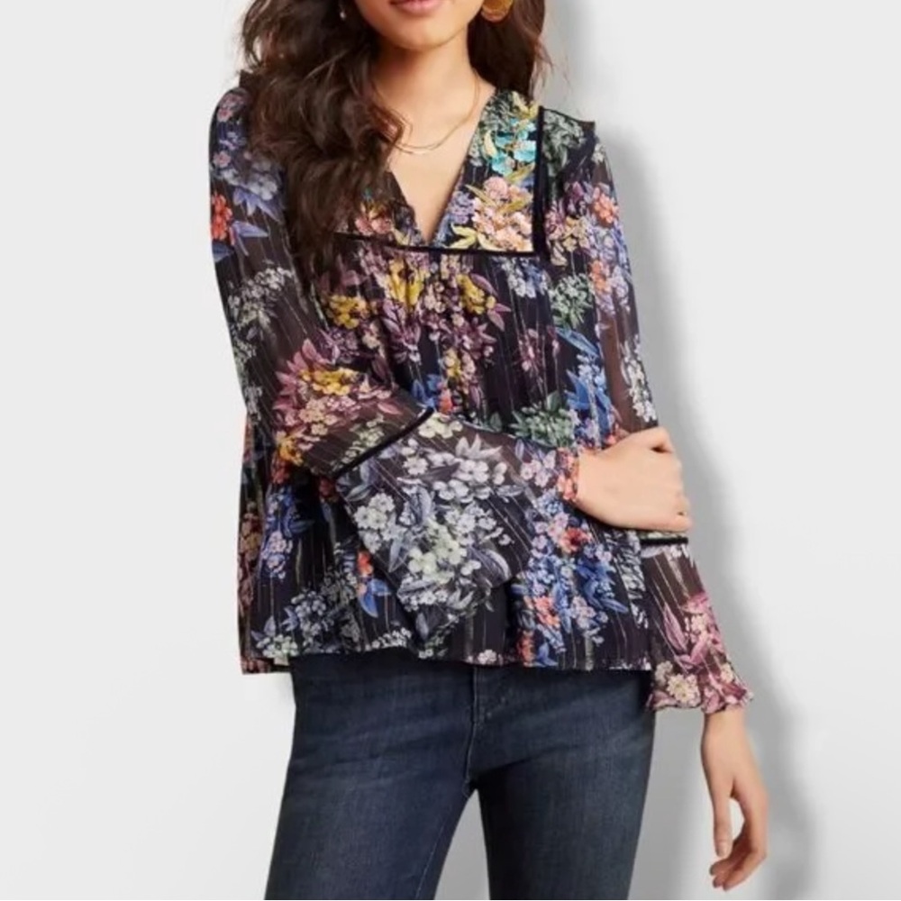Anthropologie Vineet Bahl Black Floral Embroidered Babydoll Top Metallic Velvet